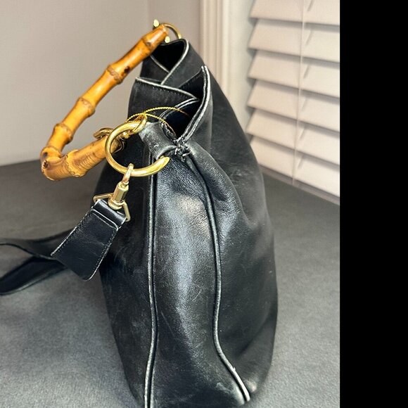 🖤 GUCCI BLACK LEATHER SHOULDER BAG W/ BAMBOO HANDLE & STRAP - VINTAGE 🖤 - Picture 6 of 10